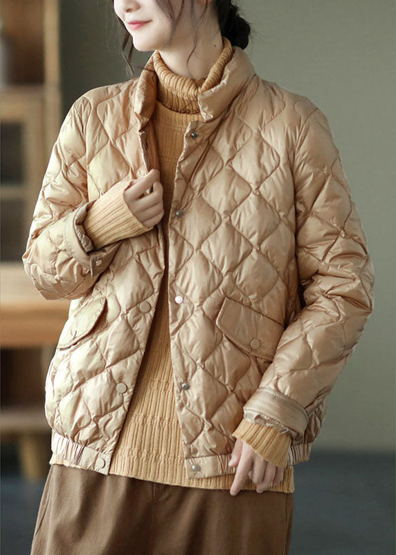 Light Green Stand Collar Pockets Button Winter Down Coat