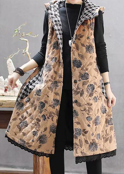 Loose Fitting Coats Yellow Print Hooded Sleeveless Coat