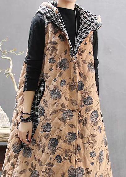 Loose Fitting Coats Yellow Print Hooded Sleeveless Coat