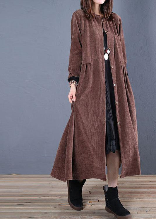 Loose Fitting Coats Fall Coats Chocolate O Neck Pockets Outwear