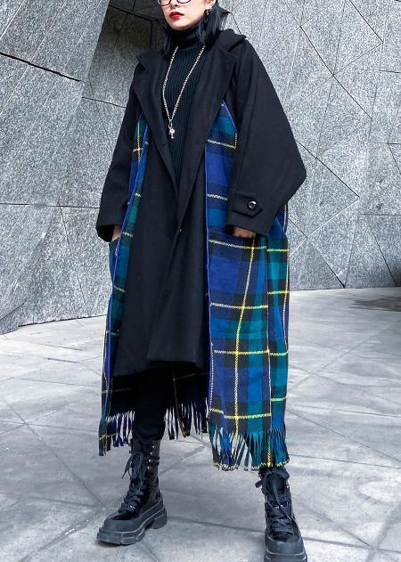 Loose Fitting Jackets & Coats Patchwork Coat Blue Plaid Tassel Woolen Outwear