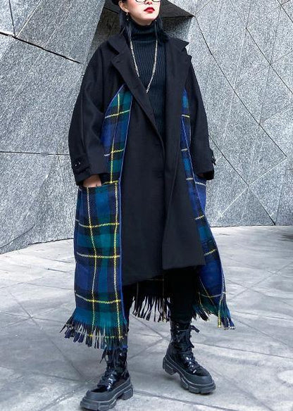 Loose Fitting Jackets & Coats Patchwork Coat Blue Plaid Tassel Woolen Outwear