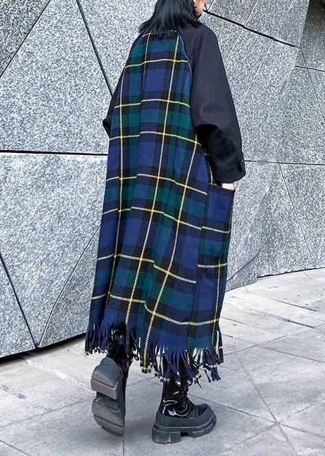Loose Fitting Jackets & Coats Patchwork Coat Blue Plaid Tassel Woolen Outwear