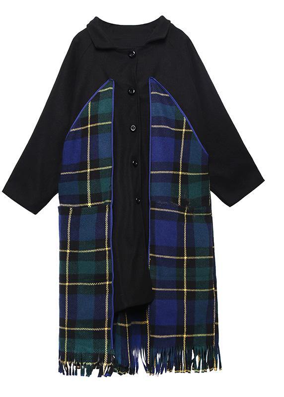 Loose Fitting Jackets & Coats Patchwork Coat Blue Plaid Tassel Woolen Outwear
