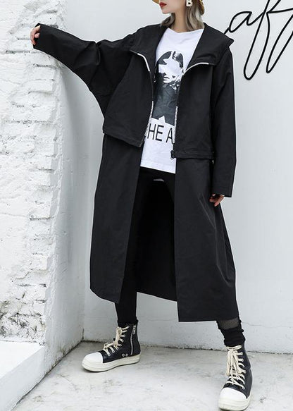 Loose Fitting Long Hooded Outwear Black Patchwork Pockets Coats