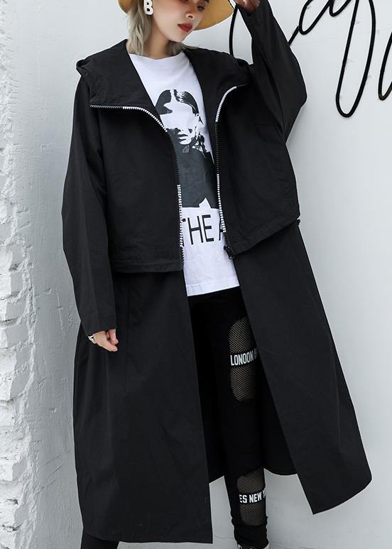 Loose Fitting Long Hooded Outwear Black Patchwork Pockets Coats