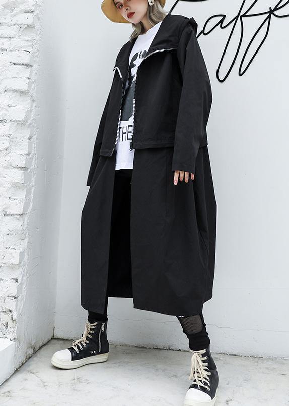 Loose Fitting Long Hooded Outwear Black Patchwork Pockets Coats