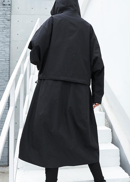 Loose Fitting Long Hooded Outwear Black Patchwork Pockets Coats