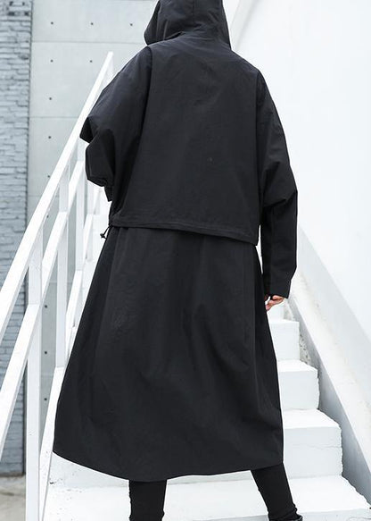 Loose Fitting Long Hooded Outwear Black Patchwork Pockets Coats