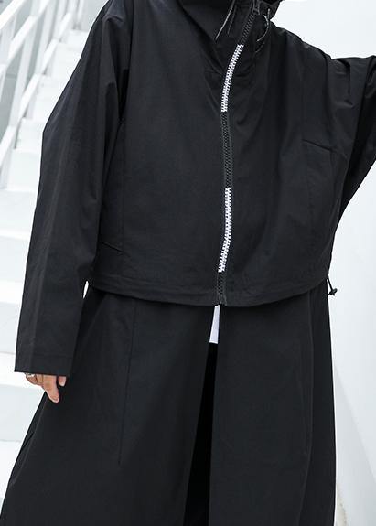 Loose Fitting Long Hooded Outwear Black Patchwork Pockets Coats