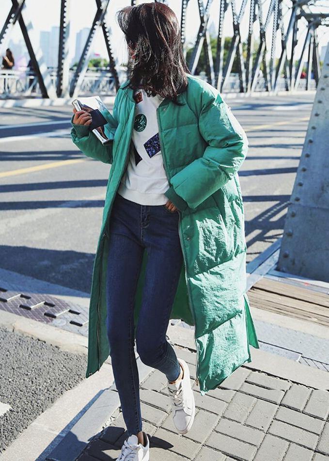 Loose Fitting Snow Jackets Winter Outwear Green O Neck Pockets Duck Down Coat