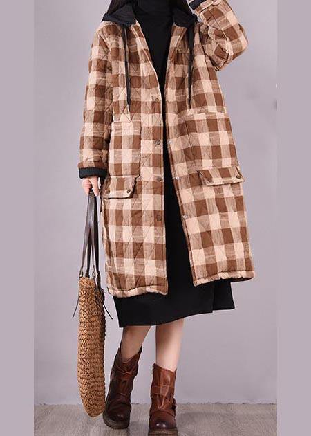 Oversize Outwear Chocolate Plaid Hooded Pockets Outfit