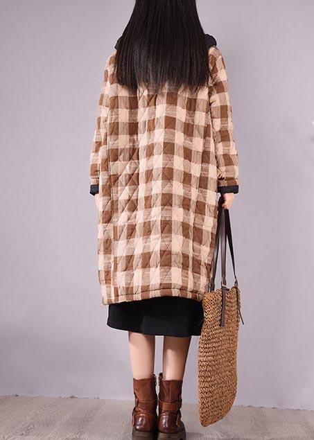 Oversize Outwear Chocolate Plaid Hooded Pockets Outfit