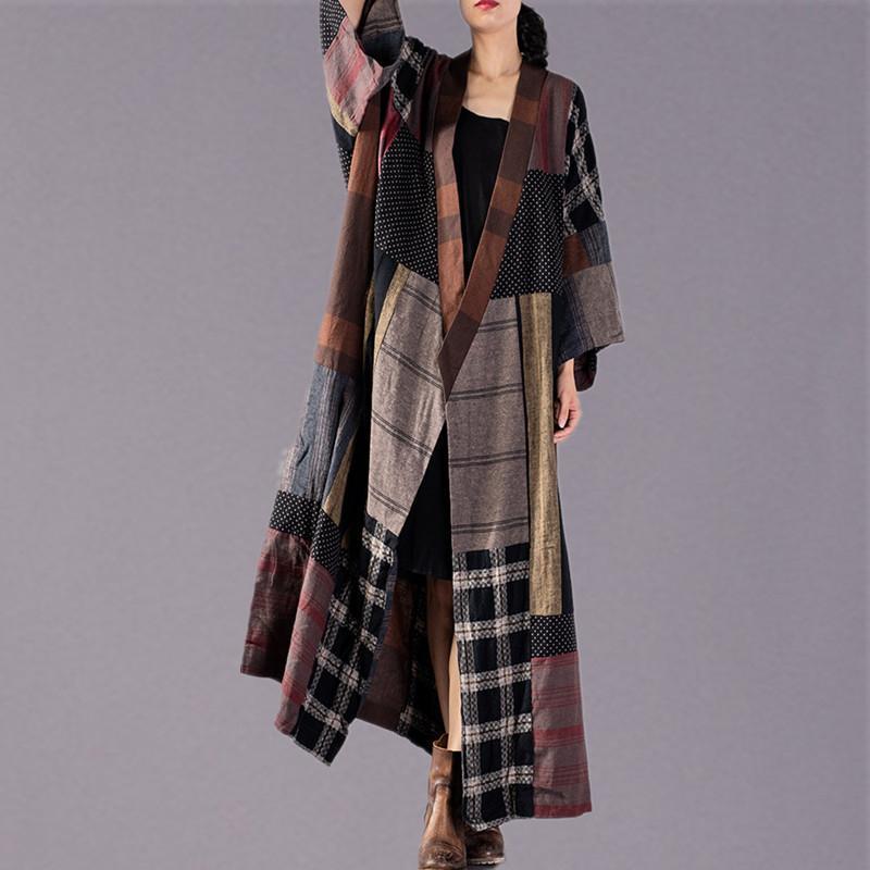 Plaid Long Coat V Neck Baggy Trench Coat Boutique Tie Waist Patchwork Long Jackets