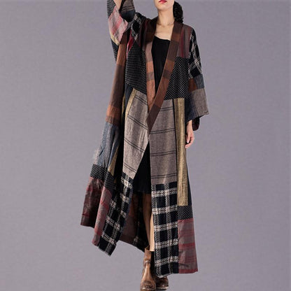 Plaid Long Coat V Neck Baggy Trench Coat Boutique Tie Waist Patchwork Long Jackets