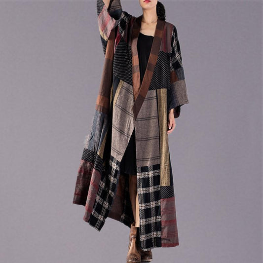 Plaid Long Coat V Neck Baggy Trench Coat Boutique Tie Waist Patchwork Long Jackets