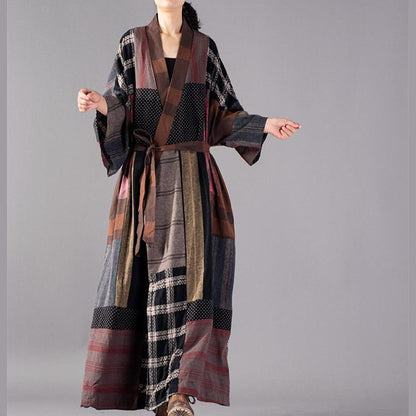 Plaid Long Coat V Neck Baggy Trench Coat Boutique Tie Waist Patchwork Long Jackets