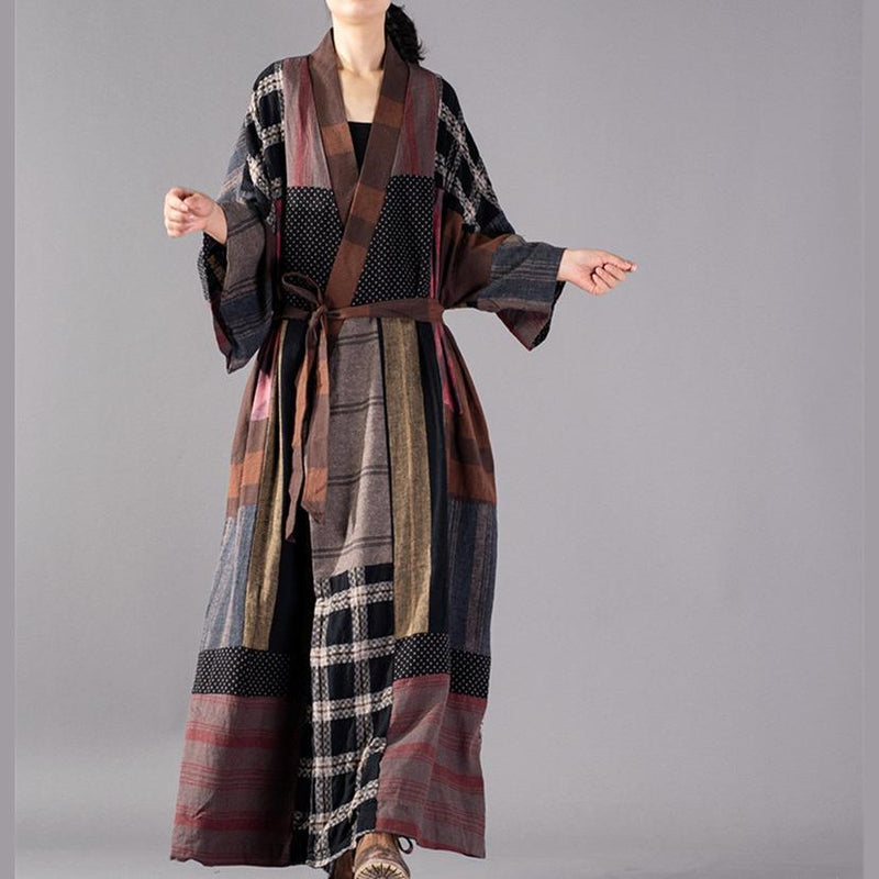 Plaid Long Coat V Neck Baggy Trench Coat Boutique Tie Waist Patchwork Long Jackets