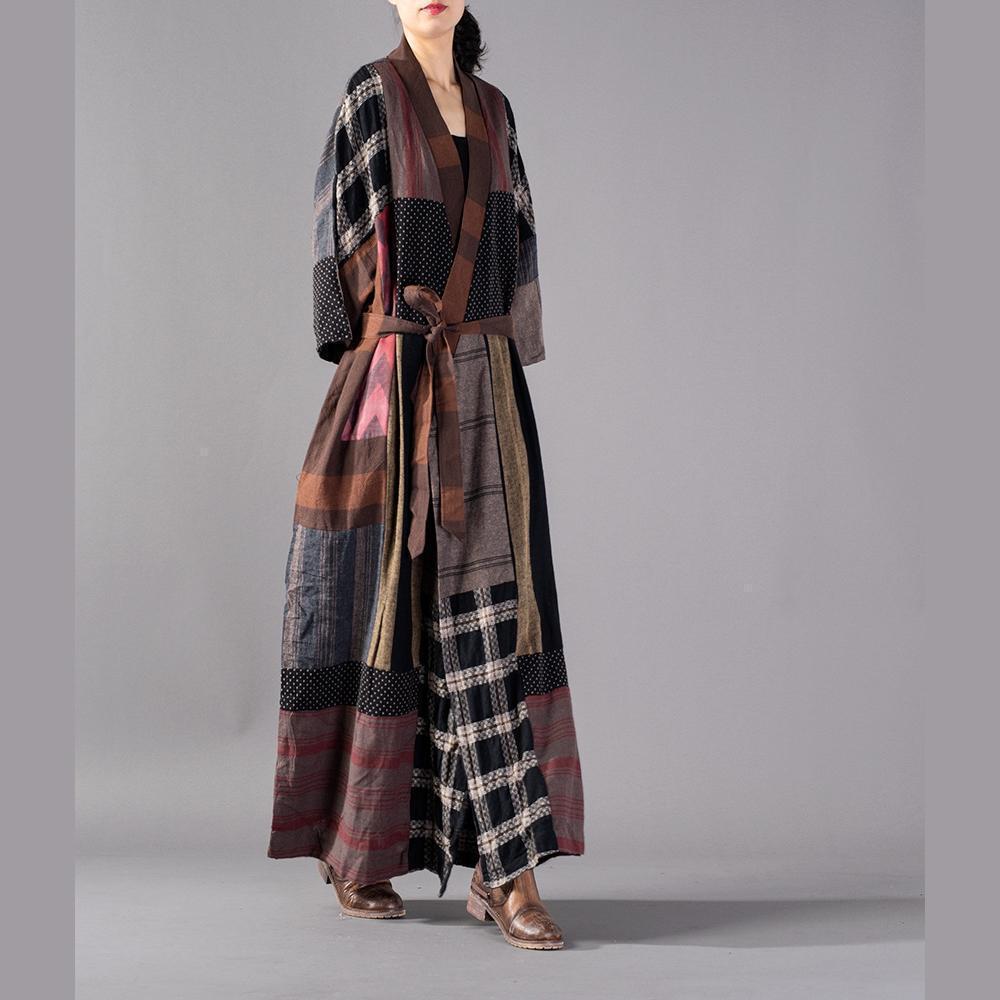 Plaid Long Coat V Neck Baggy Trench Coat Boutique Tie Waist Patchwork Long Jackets