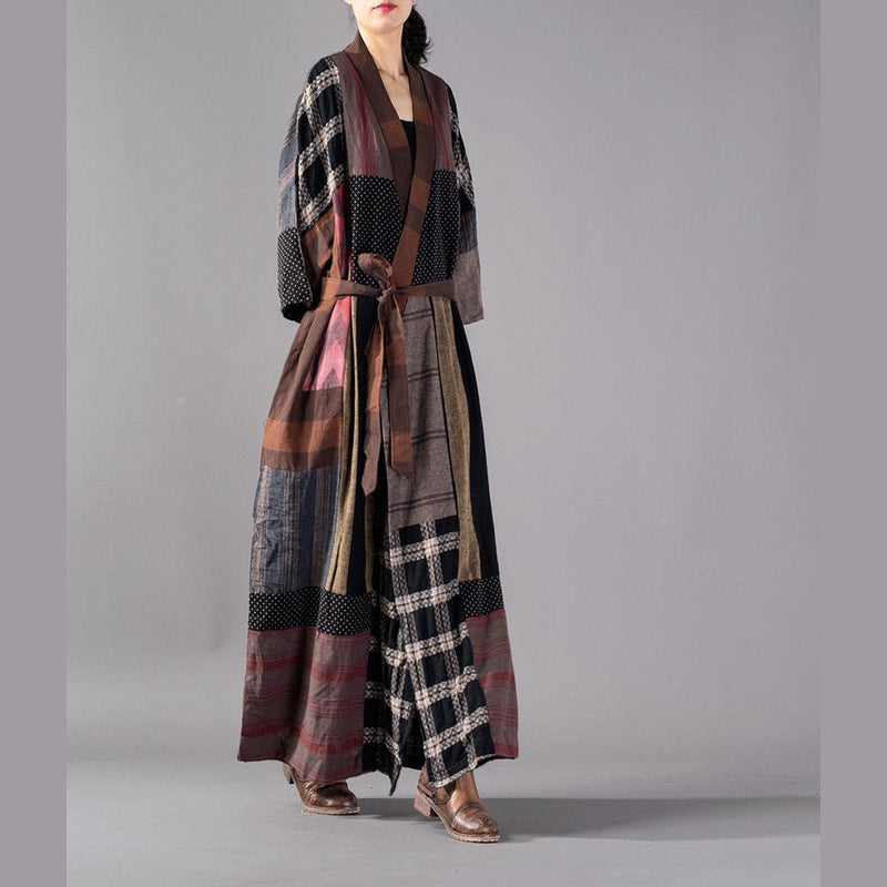 Plaid Long Coat V Neck Baggy Trench Coat Boutique Tie Waist Patchwork Long Jackets