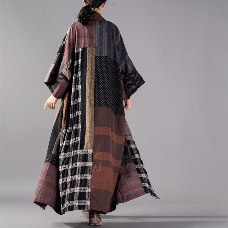 Plaid Long Coat V Neck Baggy Trench Coat Boutique Tie Waist Patchwork Long Jackets