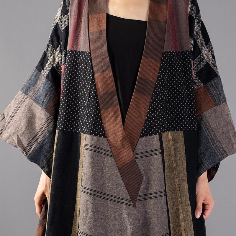 Plaid Long Coat V Neck Baggy Trench Coat Boutique Tie Waist Patchwork Long Jackets