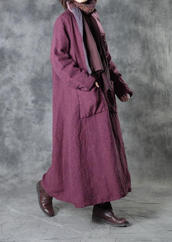 Purple Linen Button Pockets Winter Cotton Parka Long Sleeve