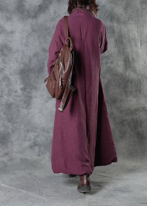Purple Linen Button Pockets Winter Cotton Parka Long Sleeve