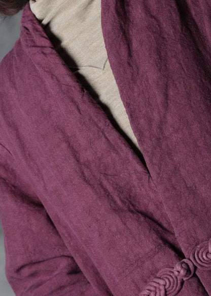 Purple Linen Button Pockets Winter Cotton Parka Long Sleeve
