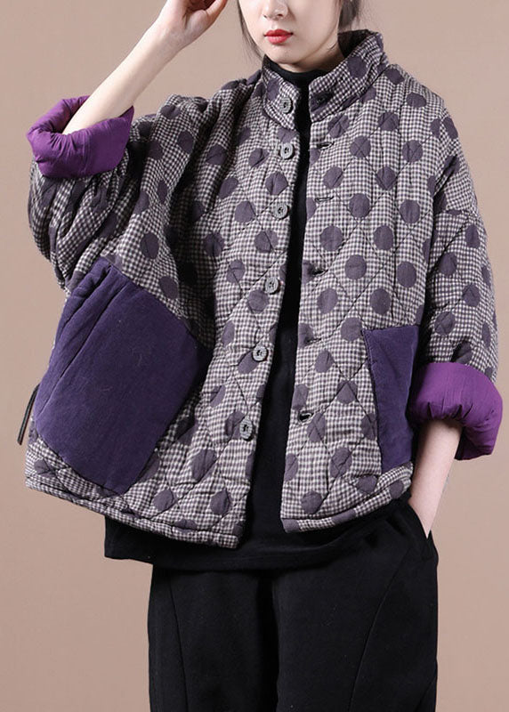 Purple Loose Button Cotton Coat Winter
