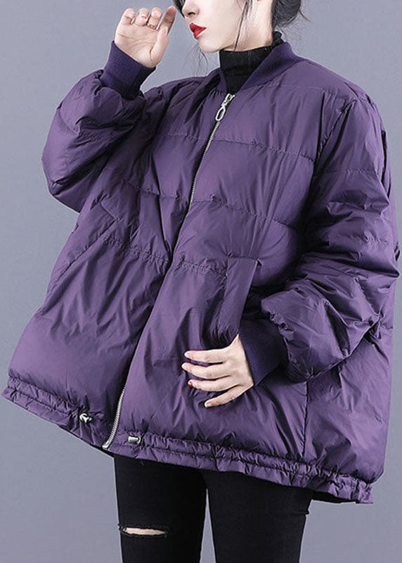 Purple Zippered Pockets Drawstring Winter Down Coats Long Sleeve