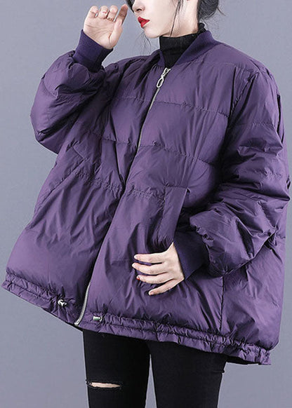 Purple Zippered Pockets Drawstring Winter Down Coats Long Sleeve