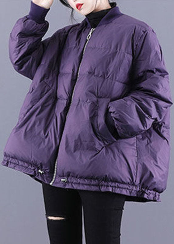 Purple Zippered Pockets Drawstring Winter Down Coats Long Sleeve