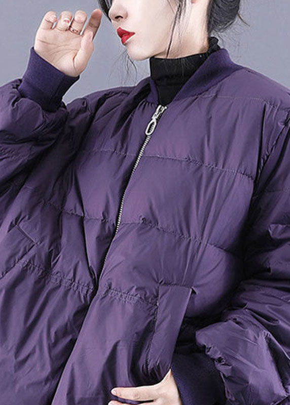 Purple Zippered Pockets Drawstring Winter Down Coats Long Sleeve