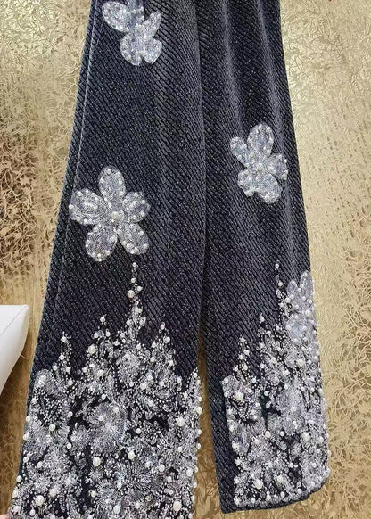 Sequin Flower Bead Embroidery Woolen Straight Leg Pants Winter