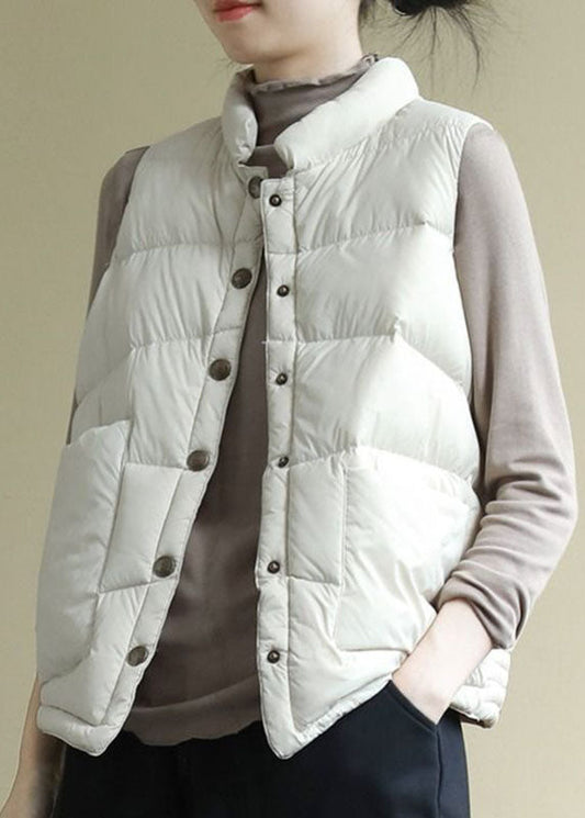 White Pockets Button Asymmetrical Design Winter Puffer Vest
