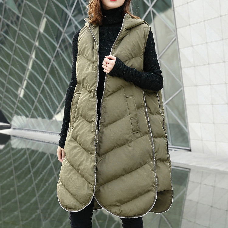 Army Green Parka Hooded Down Over Coat Sleeveless Trench Coat