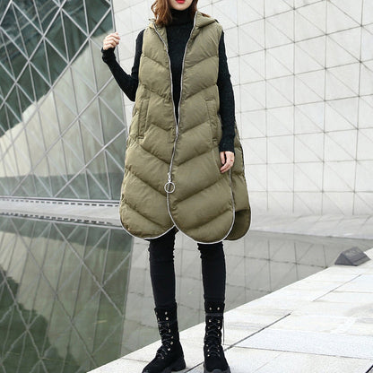 Army Green Parka Hooded Down Over Coat Sleeveless Trench Coat