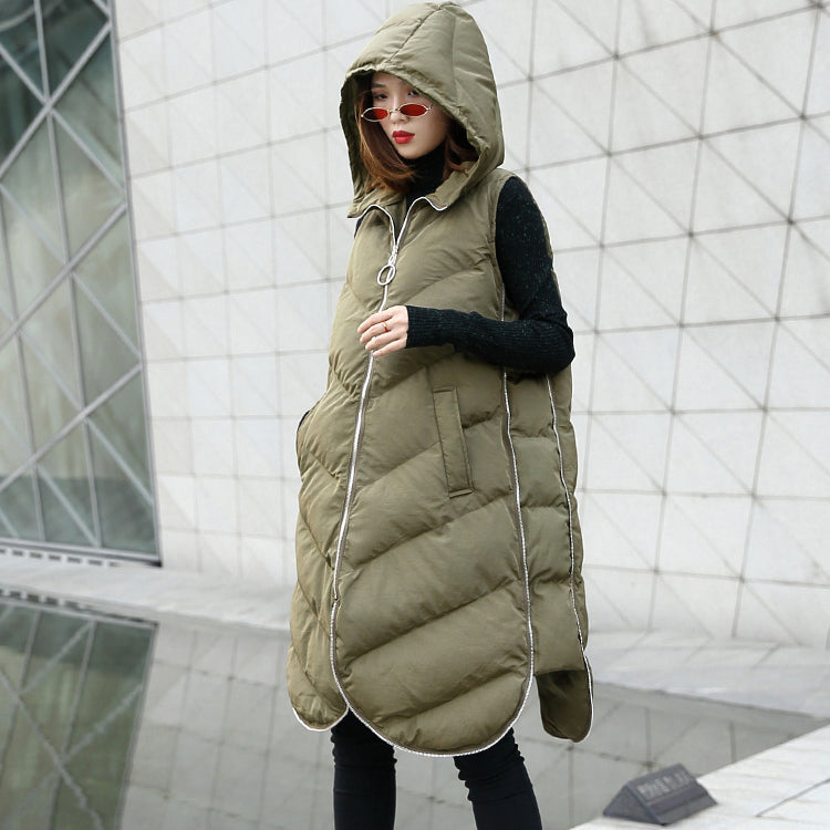 Army Green Parka Hooded Down Over Coat Sleeveless Trench Coat