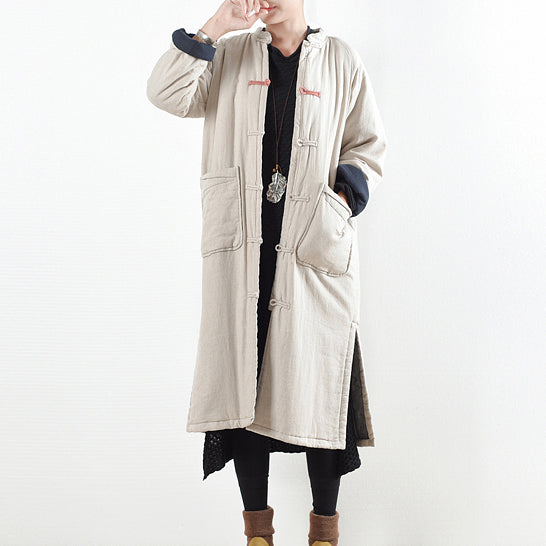 Beige White Coat Loose Fitting Cotton Coat Side Open Trench Coat Chinese Button