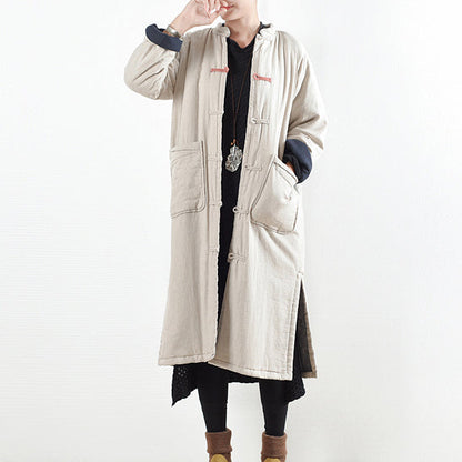 Beige White Coat Loose Fitting Cotton Coat Side Open Trench Coat Chinese Button
