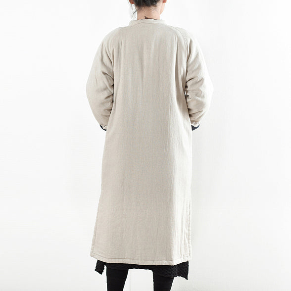 Beige White Coat Loose Fitting Cotton Coat Side Open Trench Coat Chinese Button