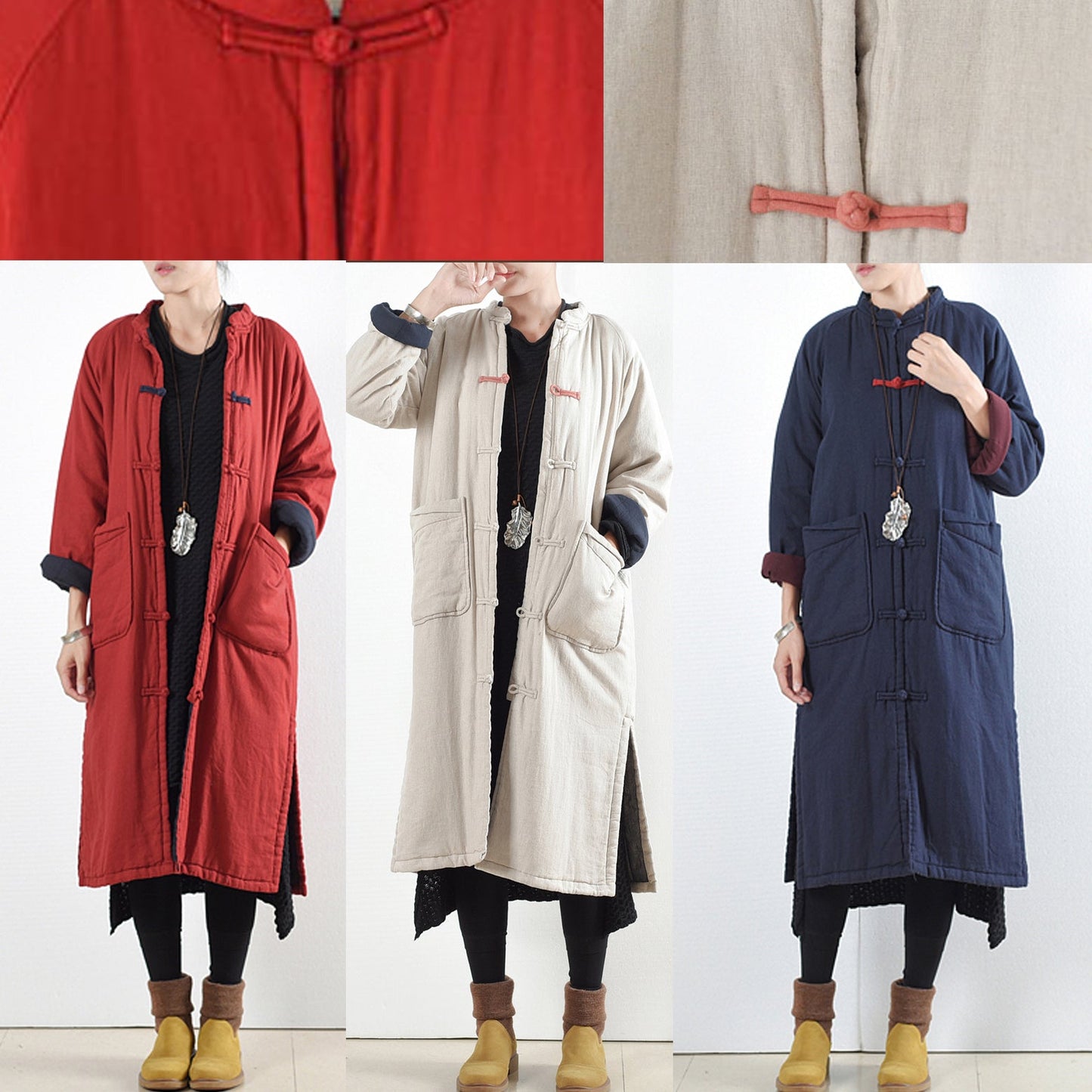 Beige White Coat Loose Fitting Cotton Coat Side Open Trench Coat Chinese Button