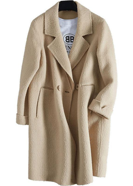 Beige Woolen Outwear Loose Fitting Mid-length Coats Notched Jacket Long Sleeve