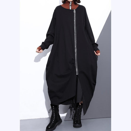 Black Coat O Neck Asymmetrical Design Coats Fine Zippered Long Coats