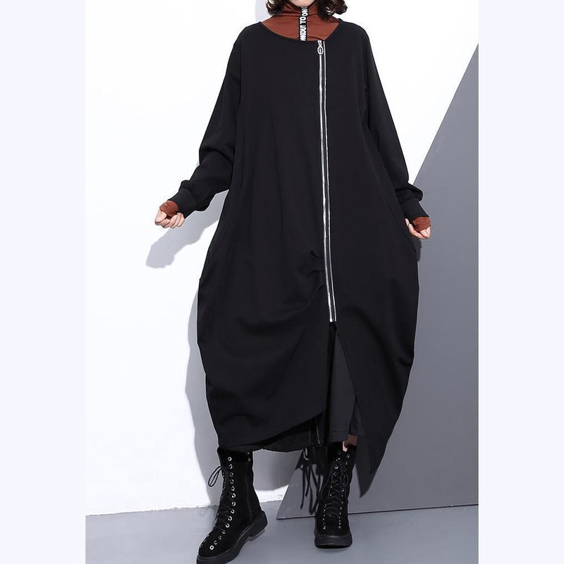 Black Coat O Neck Asymmetrical Design Coats Fine Zippered Long Coats