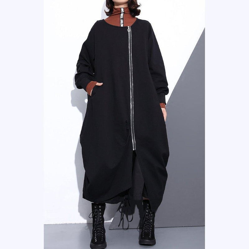 Black Coat O Neck Asymmetrical Design Coats Fine Zippered Long Coats