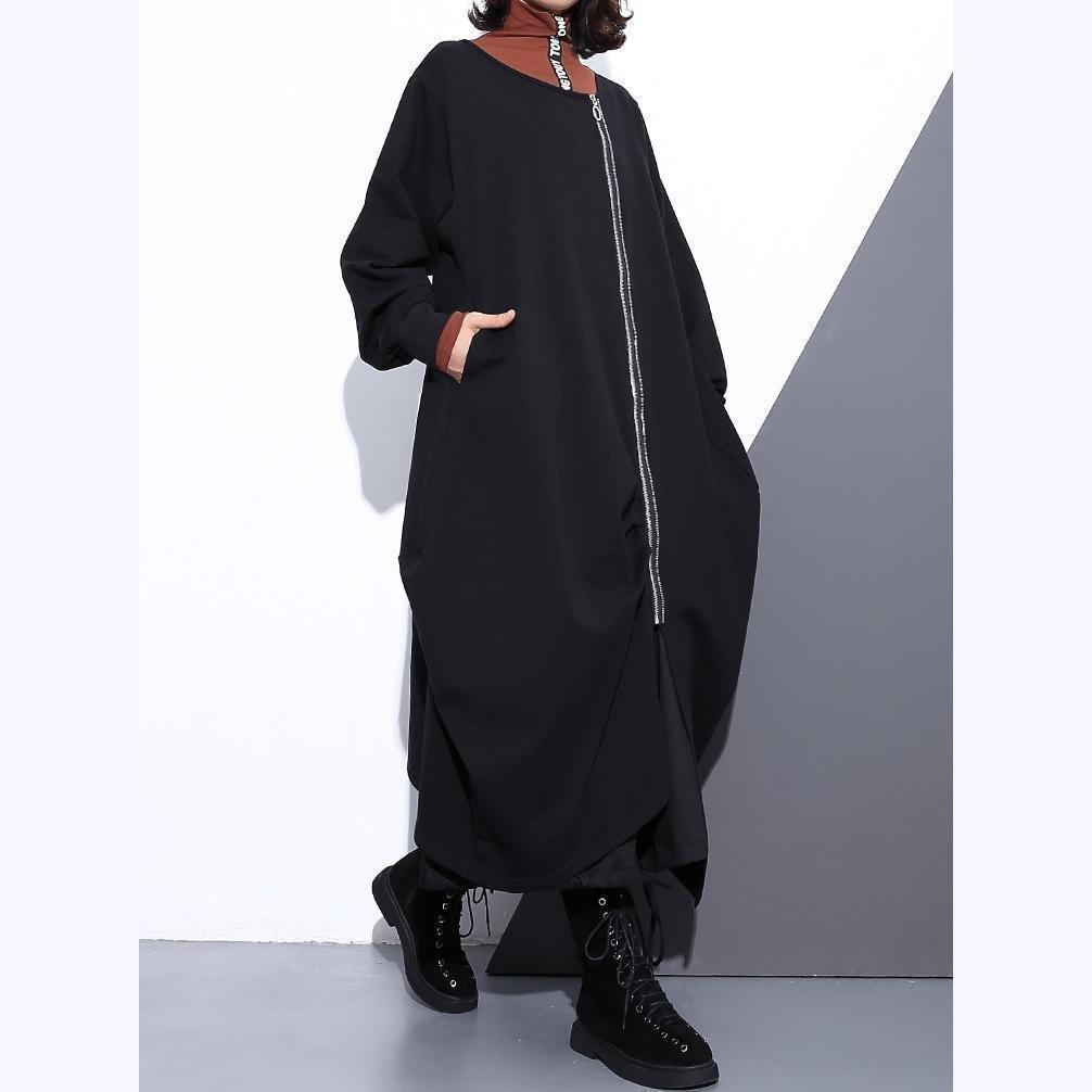 Black Coat O Neck Asymmetrical Design Coats Fine Zippered Long Coats