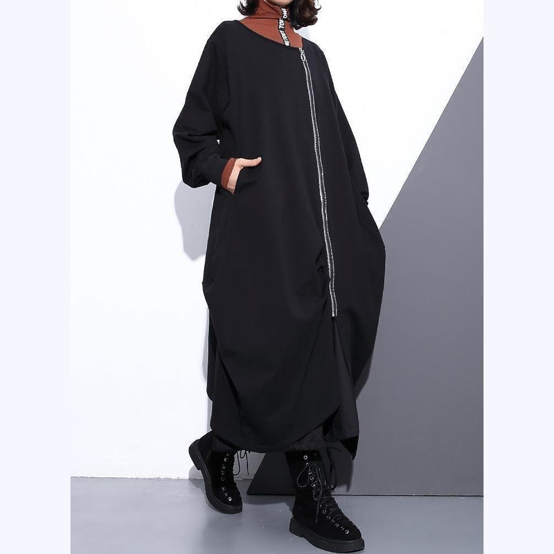 Black Coat O Neck Asymmetrical Design Coats Fine Zippered Long Coats