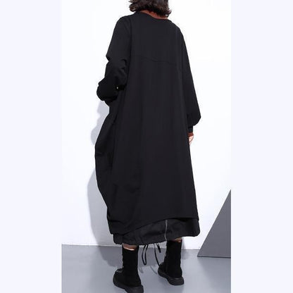 Black Coat O Neck Asymmetrical Design Coats Fine Zippered Long Coats